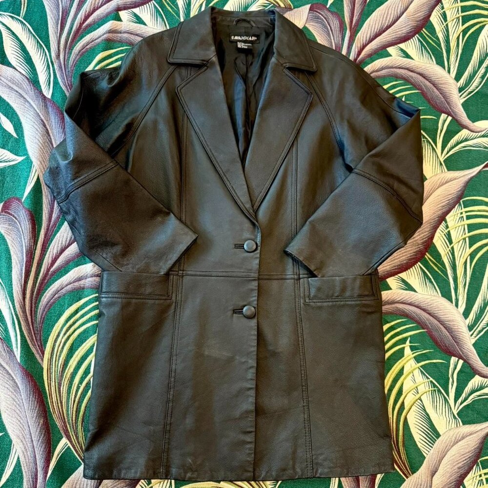y2k blck 100% leather ‘Savannah’ overcoat minimalist trench - SZ M! stylish ~